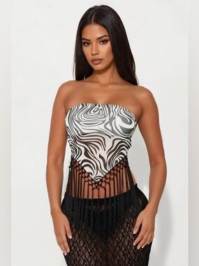 Fashion Nova Dixie Zebra Print Fringe Strapless Mesh Top - Black/Combo